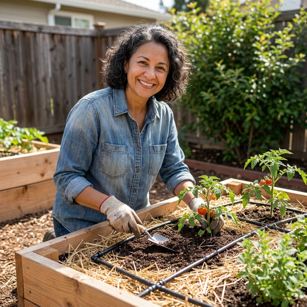 A small backyard raised bed garden with drip irrigation lines running neatly along the soil surface and a layer of straw mulch
