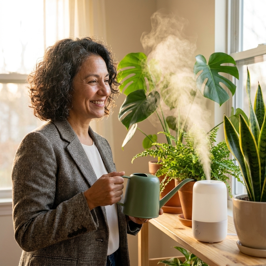A small humidifier running beside a cluster of indoor houseplants on a shelf, with gentle vapor visible in warm indoor light
