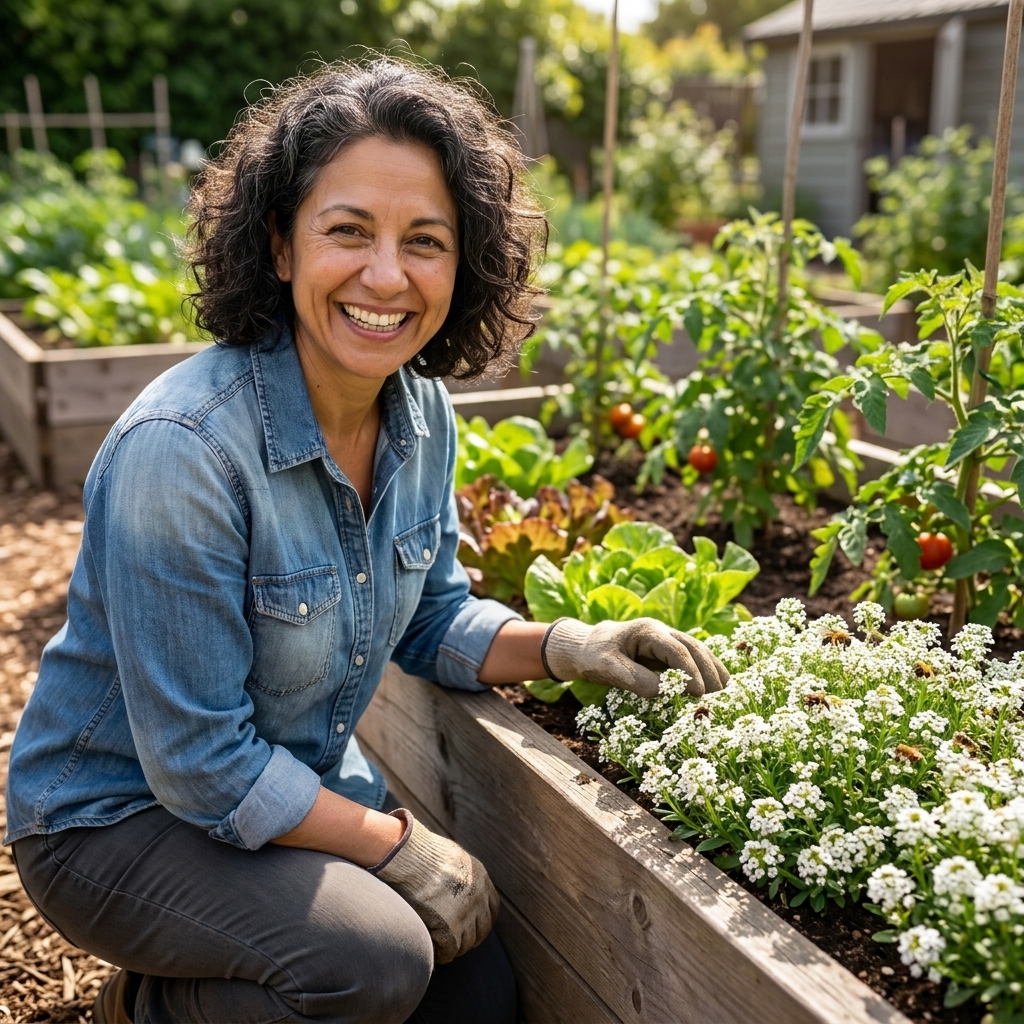 A small patch of blooming sweet alyssum planted beside raised vegetable beds, attracting beneficial insects in a sunny garden