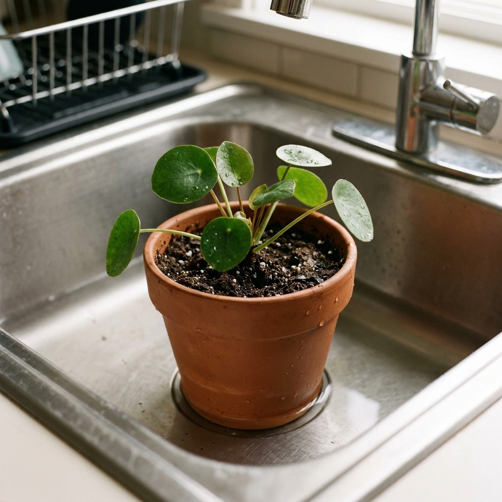 A small potted houseplant sitting in a kitchen sink filled with a shallow layer of water, soaking from the bottom