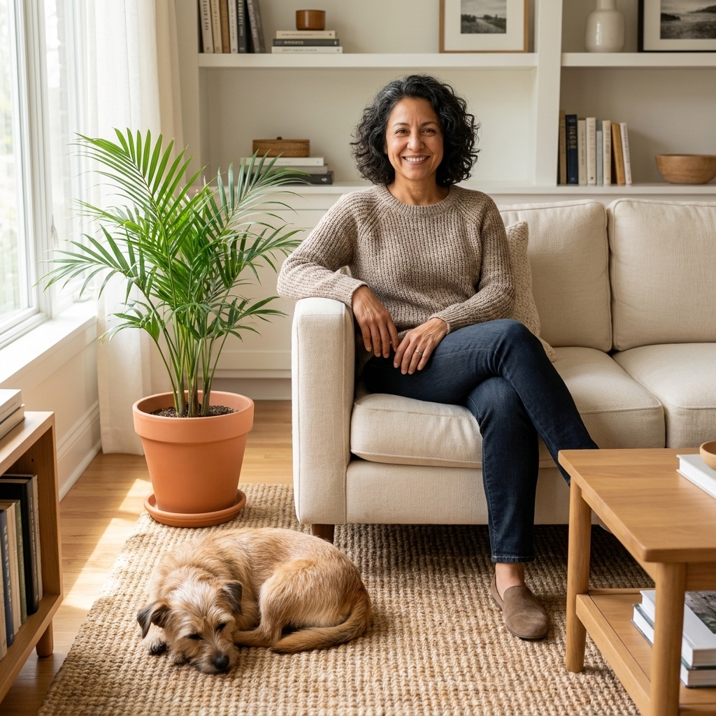 A small tan dog lying on a rug beside a parlor palm in a bright, tidy living room