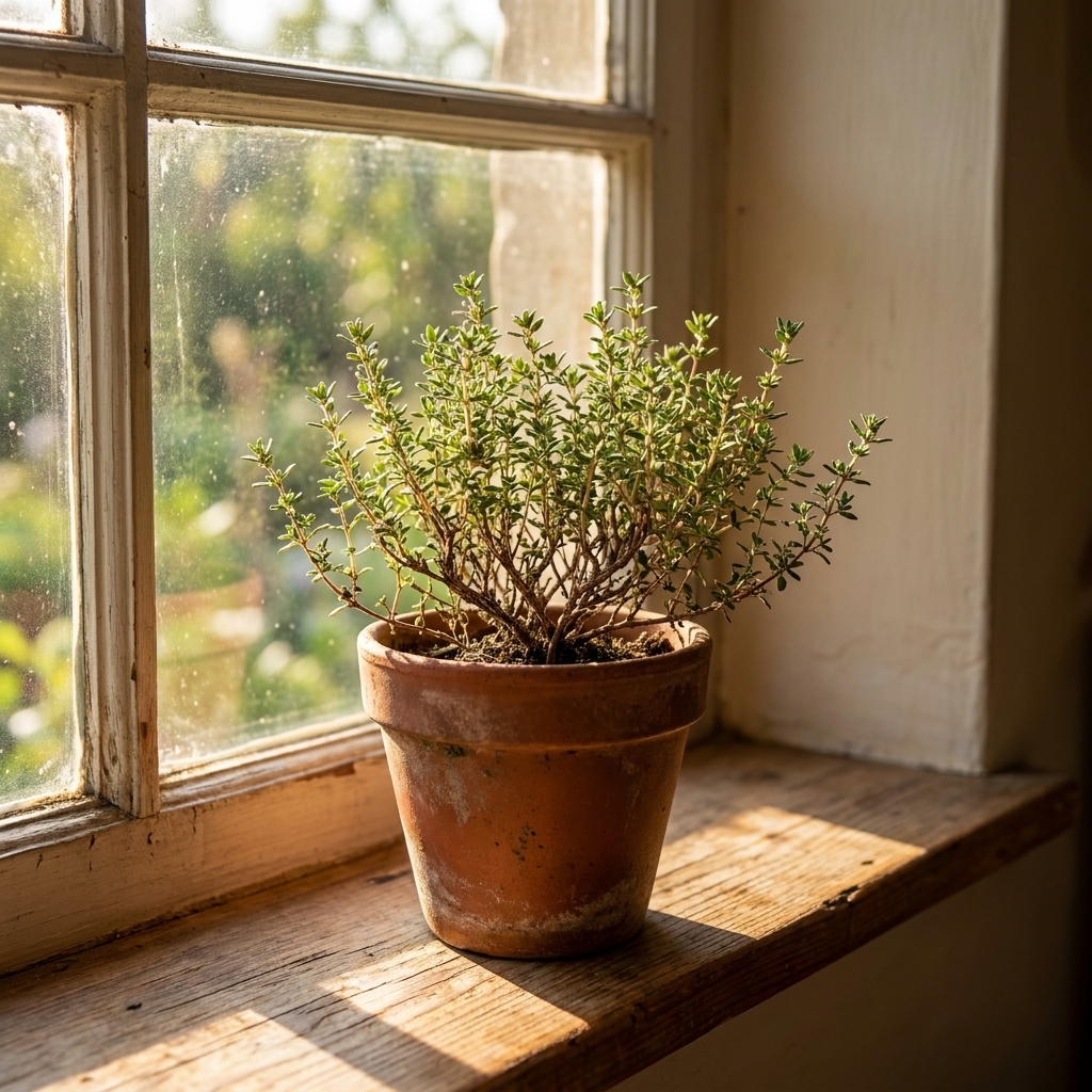 A small terracotta pot of thyme with woody stems and tiny green leaves sitting in a sunny kitchen window