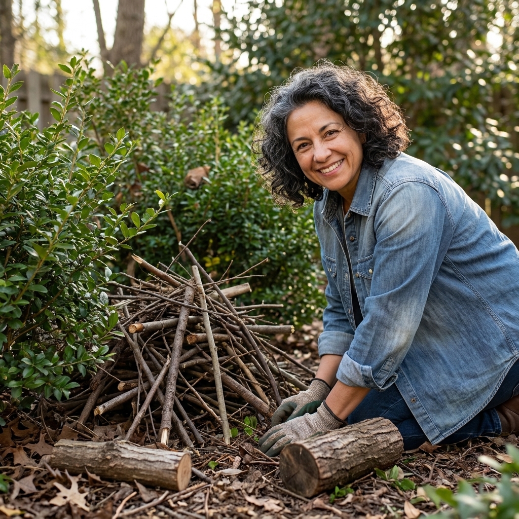 A small, tidy brush pile tucked behind shrubs at the edge of a backyard, with leaf litter and a few logs creating natural shelter