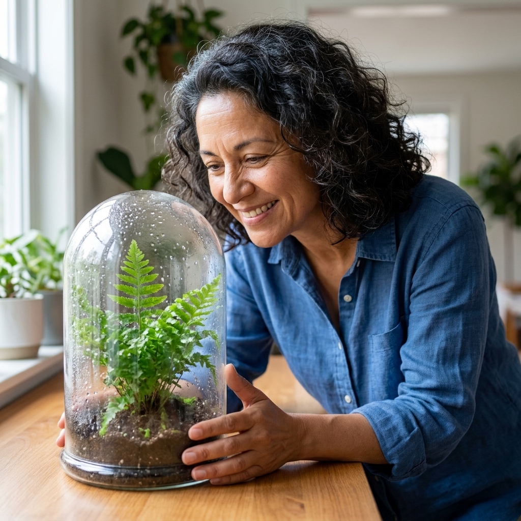 A small tropical plant sitting under a clear glass cloche on a table with light condensation on the inside