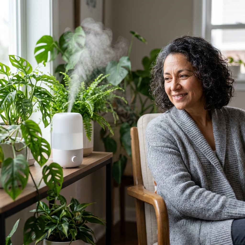 A small ultrasonic humidifier releasing a gentle mist on a shelf of tropical indoor plants
