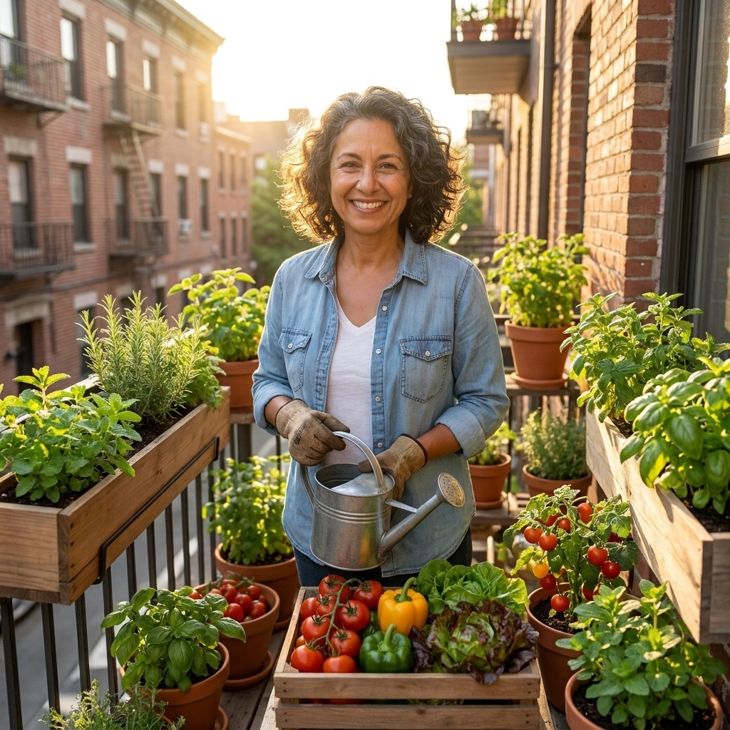A small urban apartment balcony filled with container vegetables and herbs in pots, with a railing planter and a watering can nearby