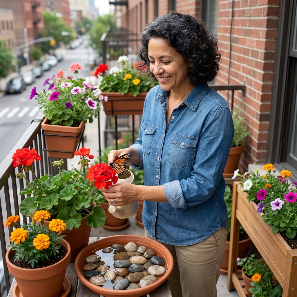A small urban balcony with several container-grown flowering plants, a shallow water dish with stones, and a butterfly visiting blooms