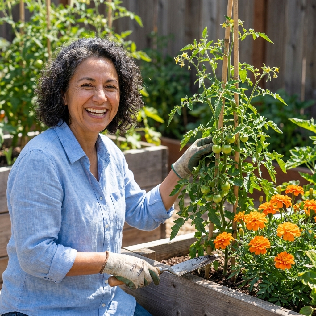A staked tomato plant growing beside blooming orange marigolds in a raised garden bed on a bright summer day