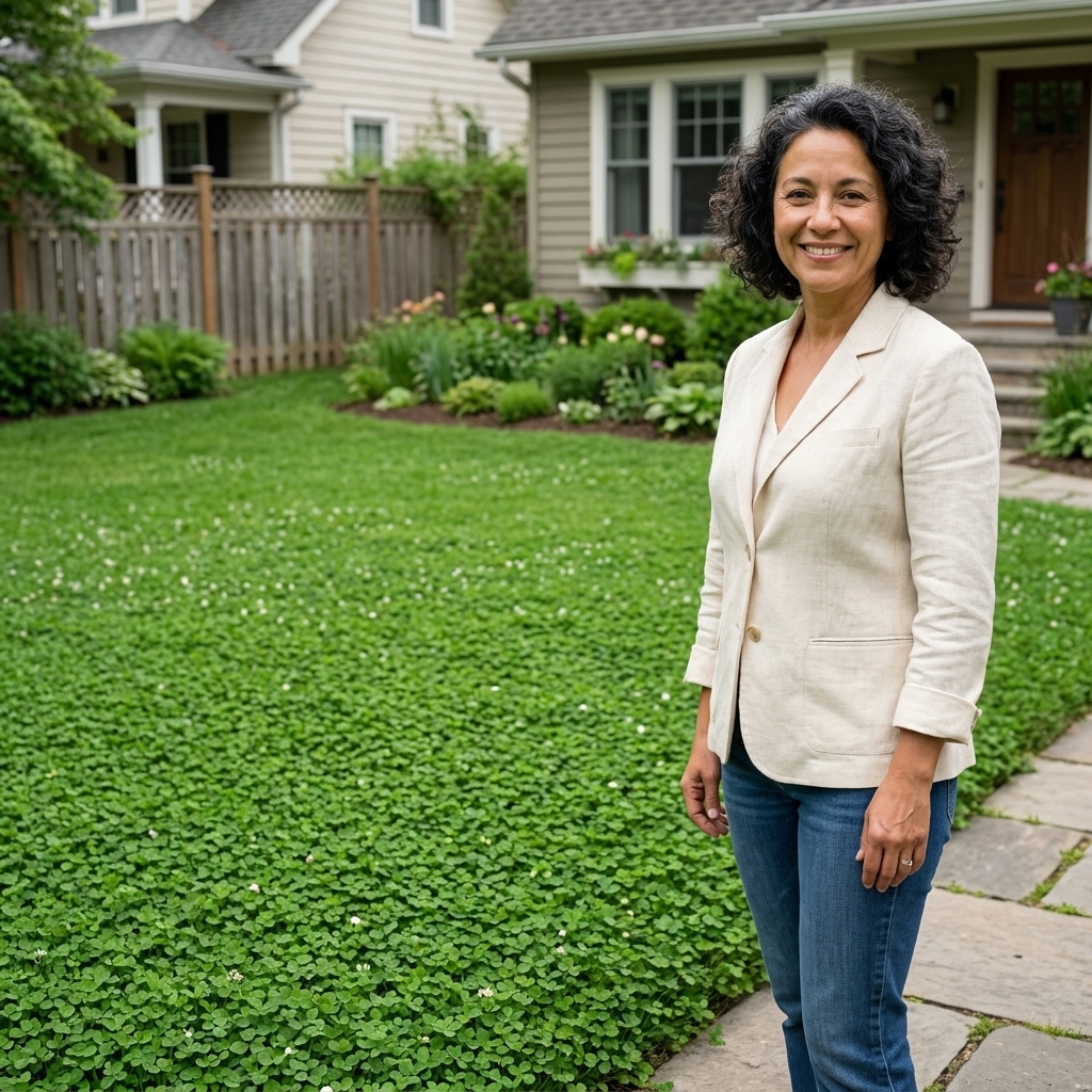 A suburban front yard with a low, dense microclover lawn that looks evenly green with small leaves and minimal visible flowers
