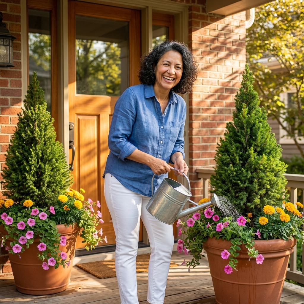 A sunny front porch with two large containers flanking the door, planted with an evergreen shrub, trailing flowers, and seasonal color