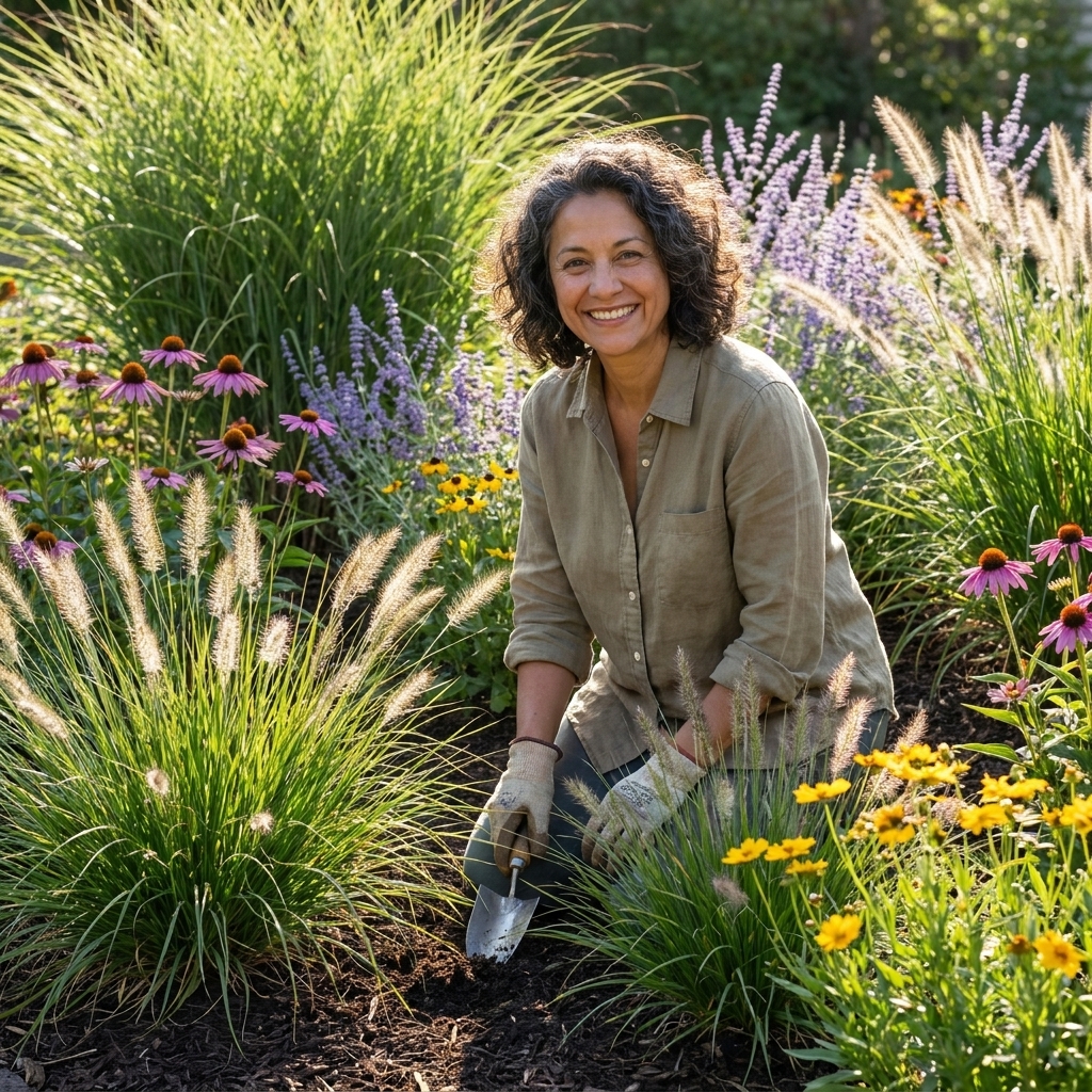 A sunny garden bed with clumps of ornamental grasses mixed with flowering perennials, showing soft movement and mulched soil
