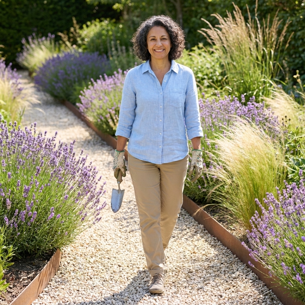 A sunny garden path covered with pale pea gravel, bordered by metal edging and planted beds with lavender and ornamental grasses