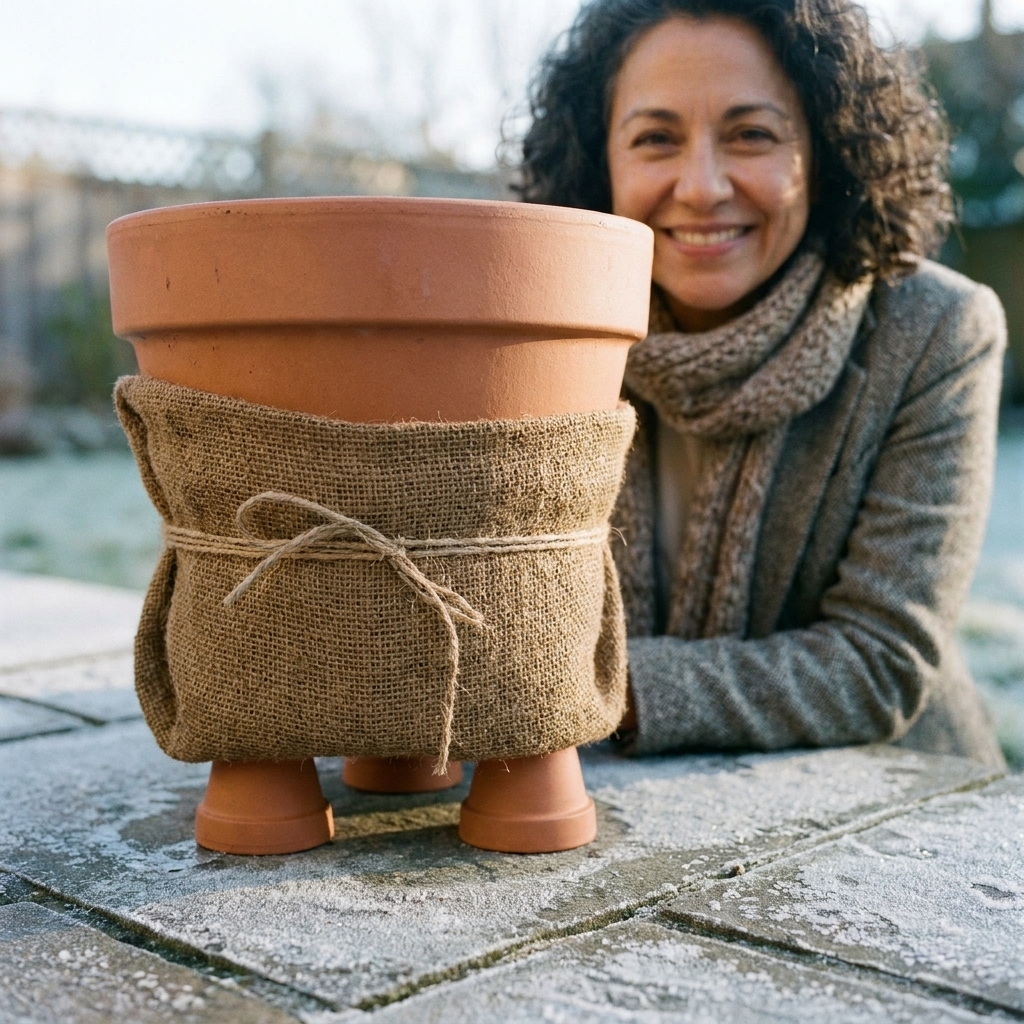 A terracotta container wrapped in burlap and tied with twine, sitting on small pot feet to keep it off a cold patio surface
