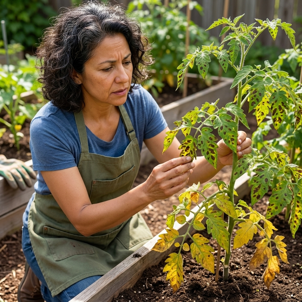 A tomato plant with yellowing lower leaves and dark spotted foliage in a garden bed, showing early disease symptoms