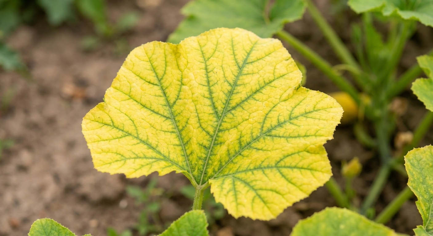 A vegetable leaf showing yellow tissue with clearly green veins, taken outdoors in natural light