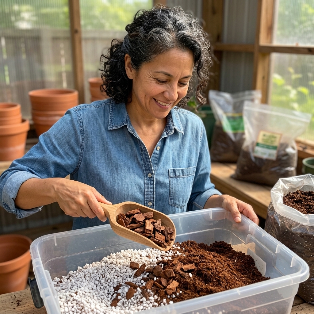 A wooden scoop holding orchid bark over a bin of perlite and hydrated coco coir, ready to be mixed for houseplant potting soil