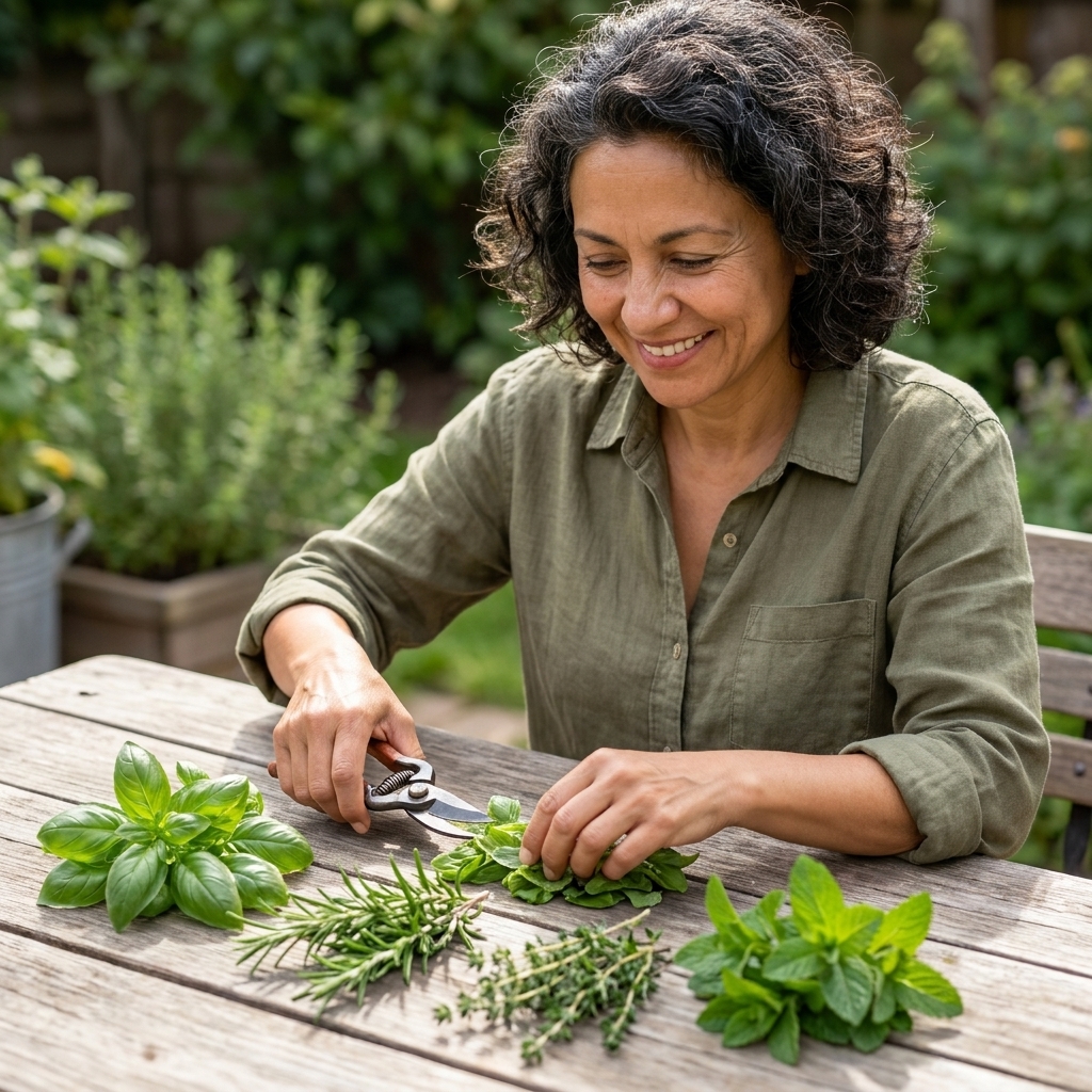 A wooden table with freshly harvested basil, rosemary, thyme, and mint laid out in small piles, with garden shears nearby in natural daylight