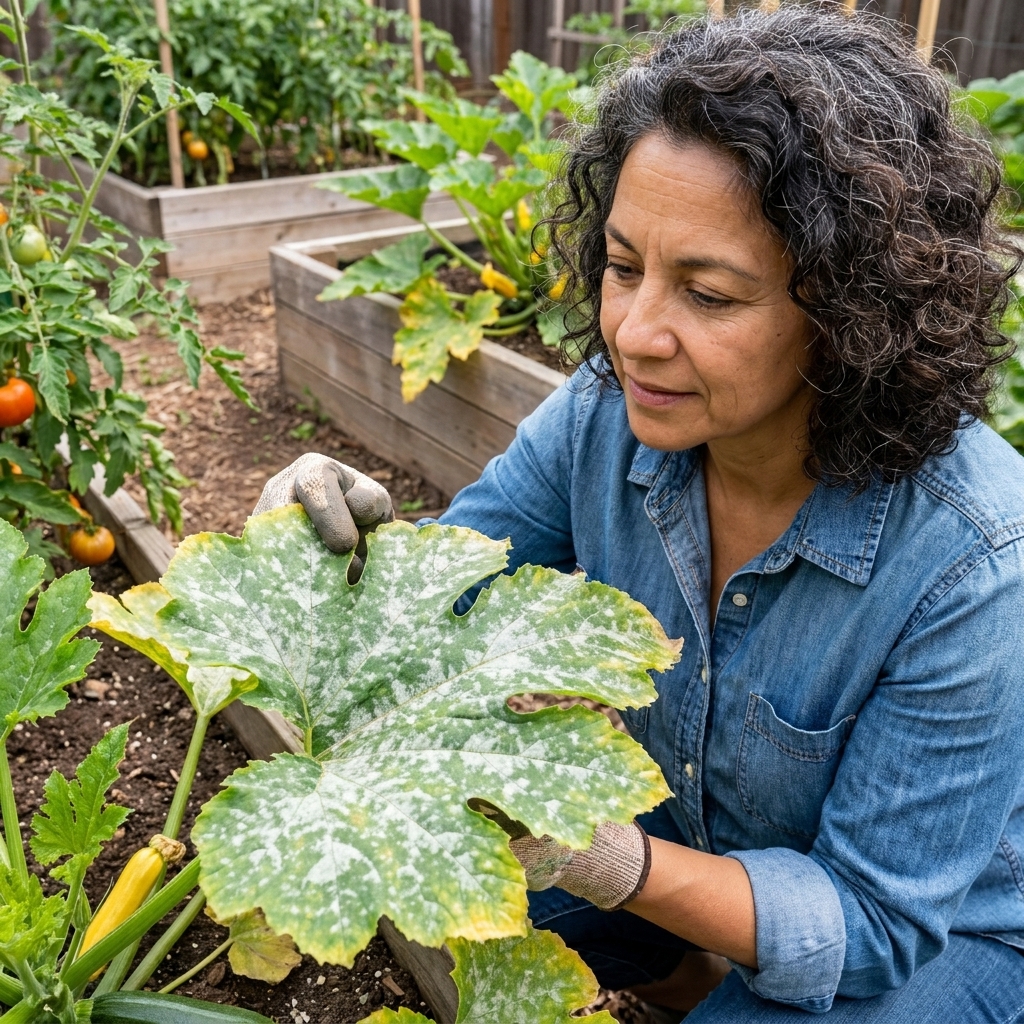 A zucchini leaf with a light white powdery coating and some yellowing, photographed in a backyard vegetable garden