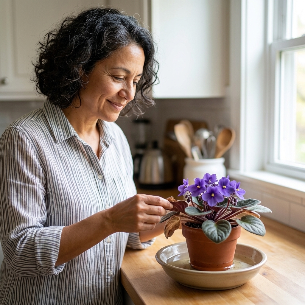 African violet in a small pot sitting in a shallow bowl of water on a kitchen counter, with purple blooms above the rim and dry leaves
