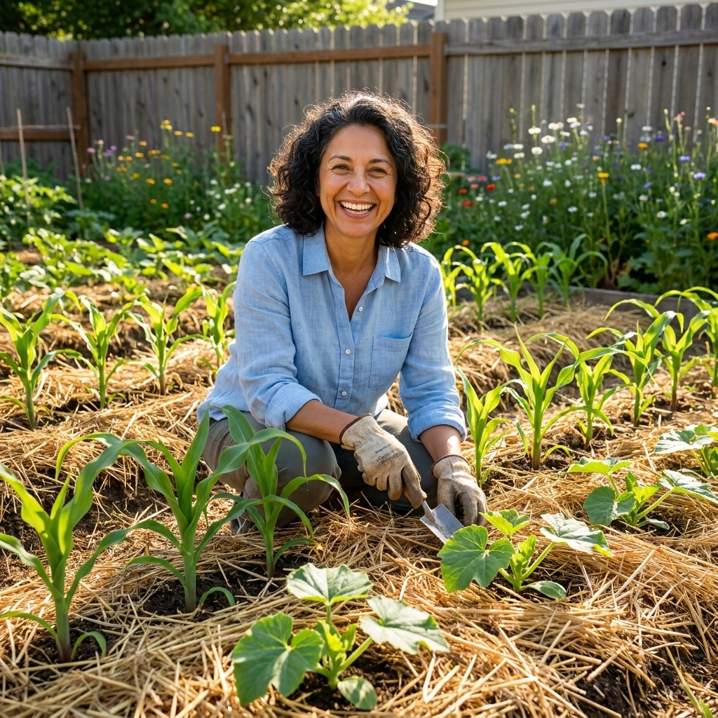 An in-ground vegetable garden with mulched paths and neat rows of corn and squash seedlings in a sunny backyard