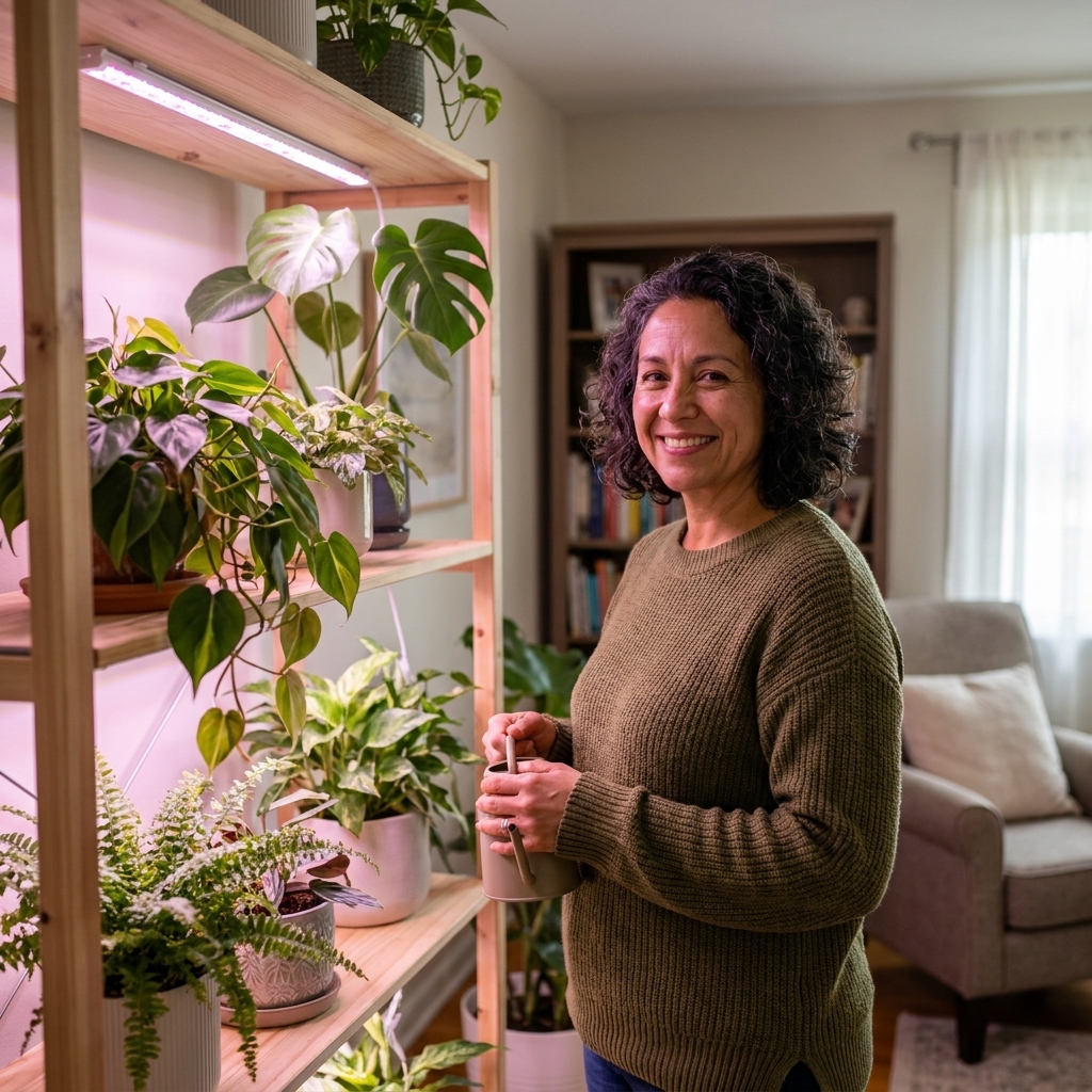 An indoor plant shelf lit by an LED grow light, with several leafy houseplants thriving under the light in a cozy room