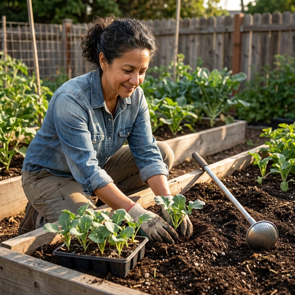 Broccoli seedlings being transplanted into a garden bed with compost added, with a watering wand ready for settling the soil