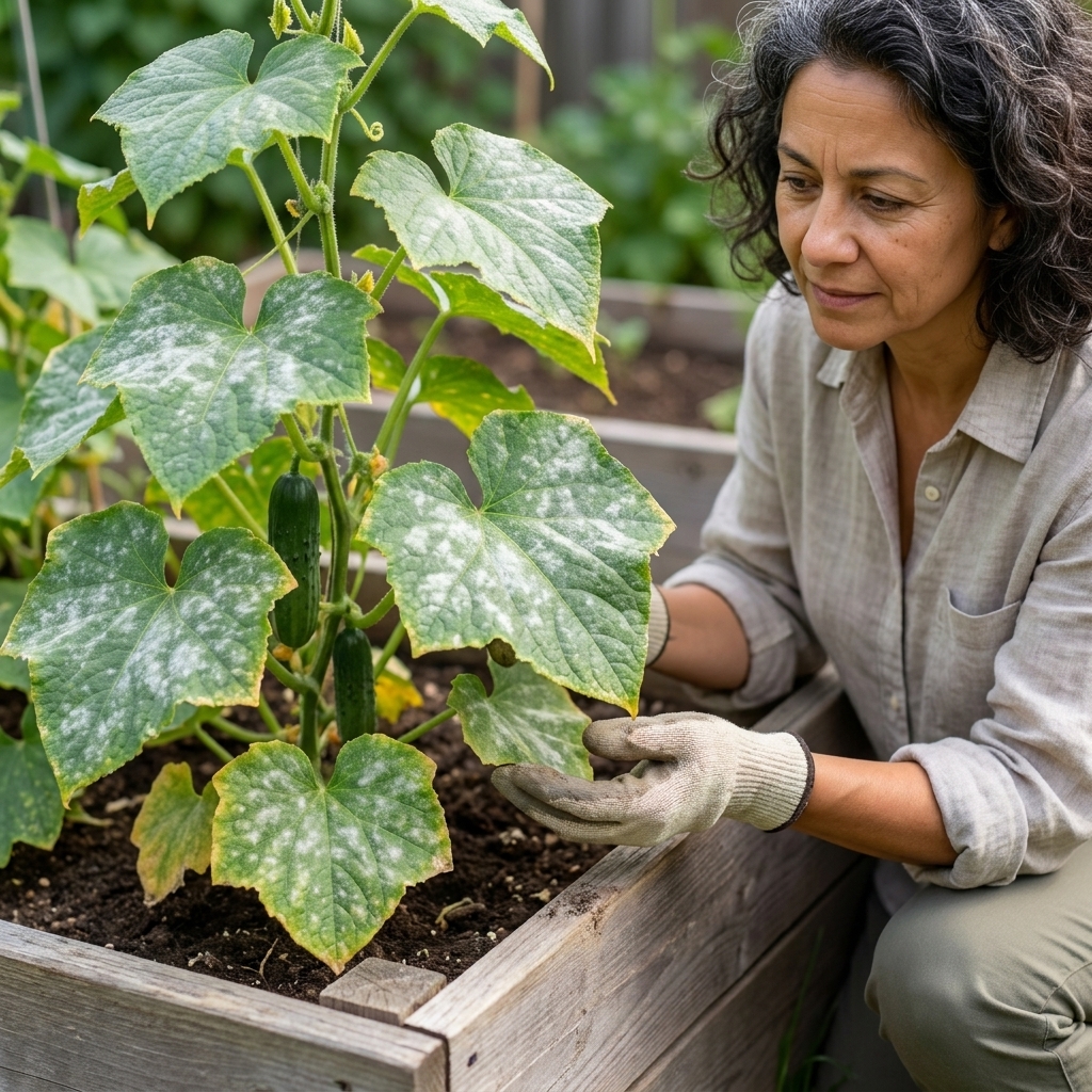 Cucumber plant in a garden bed with several leaves showing powdery white patches and some yellowing