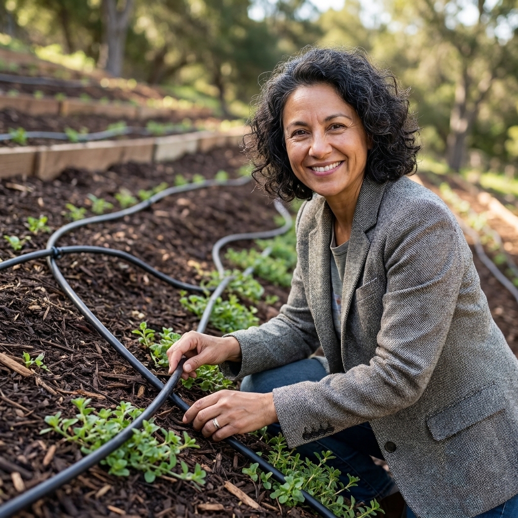 Drip irrigation tubing running along contour lines on a mulched hillside bed with newly planted groundcovers beginning to fill in