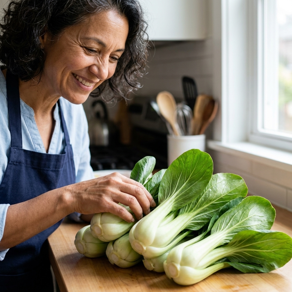 Freshly harvested baby bok choy with pale stems and glossy green leaves laid on a kitchen counter