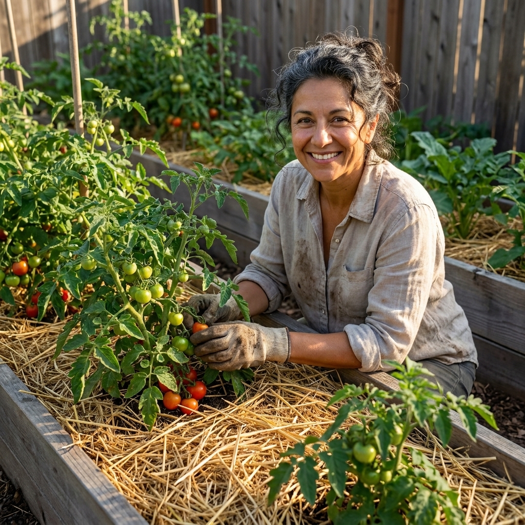 Garden bed with tomato plants surrounded by a thick layer of straw mulch to retain soil moisture