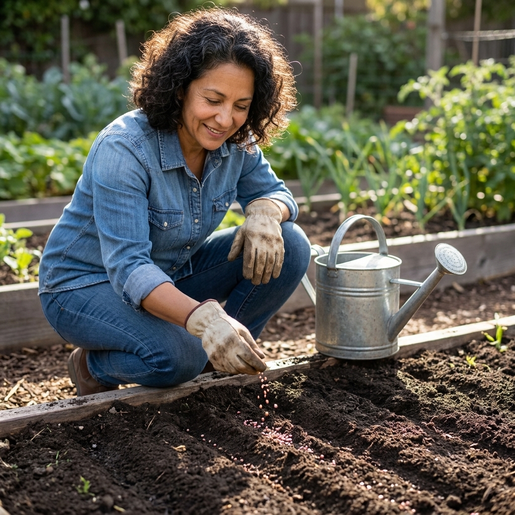 Gardener sprinkling radish seeds into shallow furrows in dark, moist soil in a garden bed, with a watering can nearby