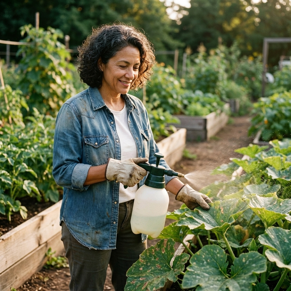 Gardener using a hand pump sprayer to apply an organic fungicide to squash leaves in an outdoor vegetable garden