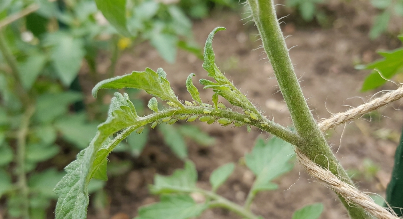 Green aphids clustered on a tomato stem near new leaf growth