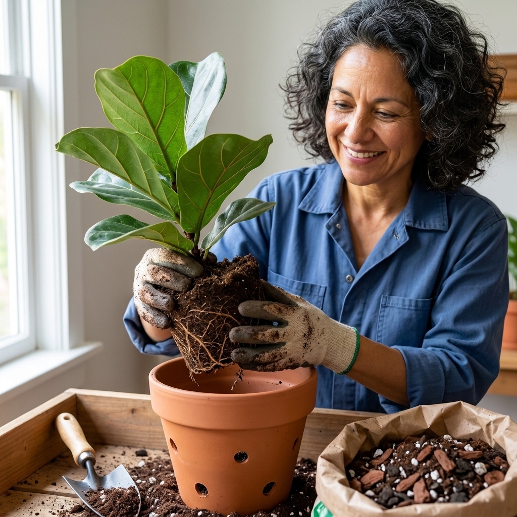Hands repotting a fiddle leaf fig into a pot with drainage holes, with fresh chunky potting mix visible