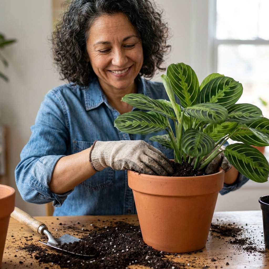 Hands repotting a leafy indoor plant into fresh potting mix in a terracotta pot on a table, with loose soil and a small trowel nearby