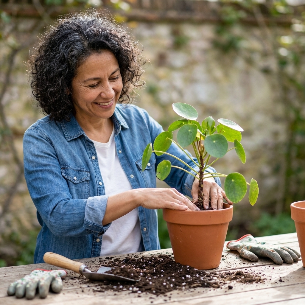 Hands repotting a medium houseplant into a terracotta pot with fresh potting mix on a potting bench