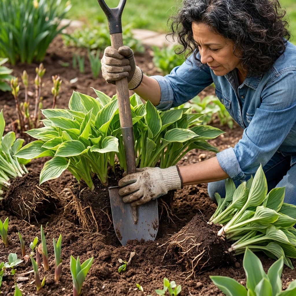 Hands using a garden spade to divide a mature hosta clump in spring, with several divisions ready to replant