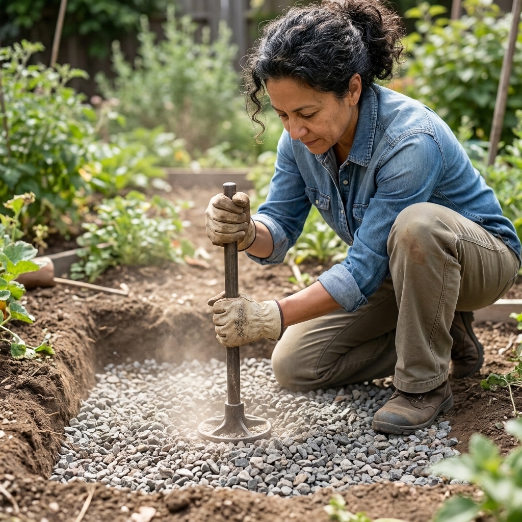 Hands using a hand tamper to compact crushed stone base inside a shallow excavation for a stepping stone in a garden