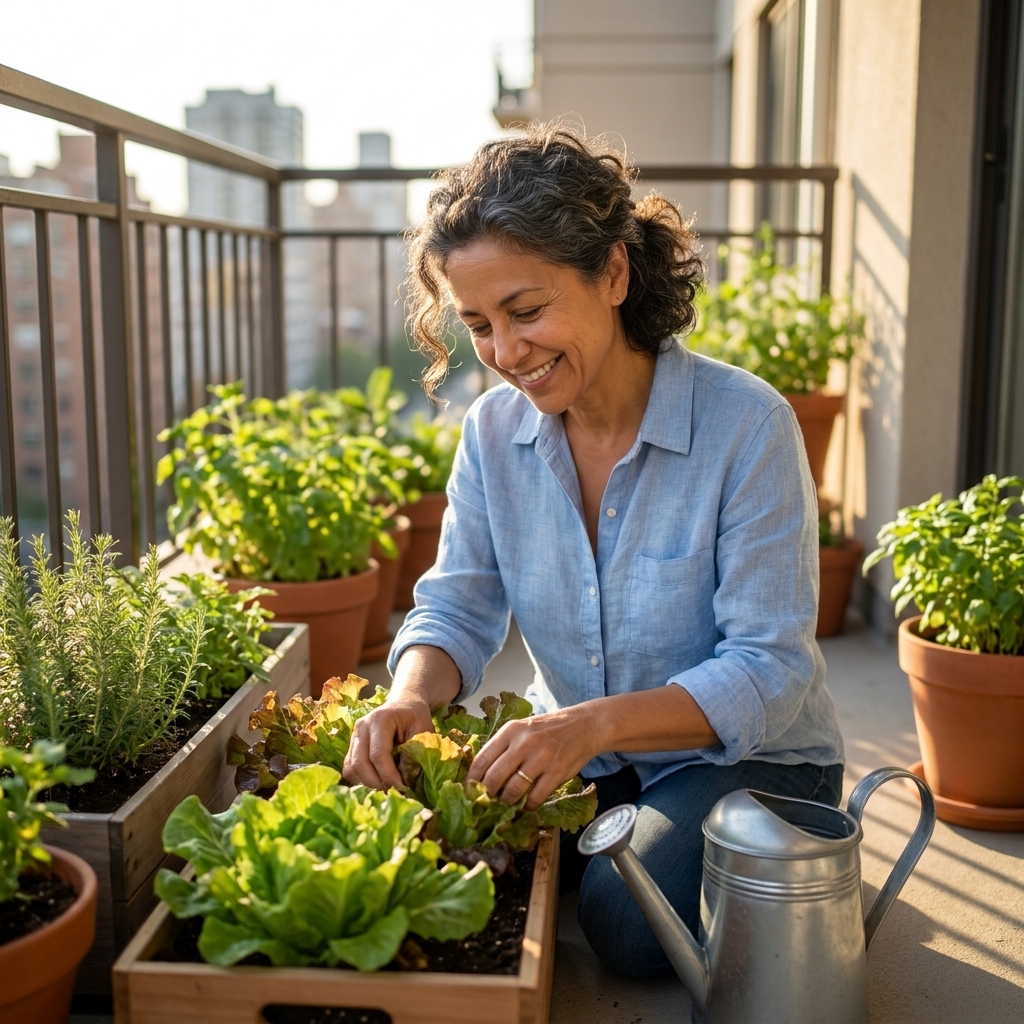 Leafy lettuce and herbs growing in containers on an apartment balcony with a watering can nearby and late summer sunlight