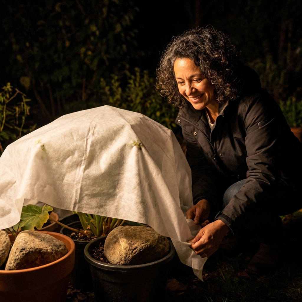 Outdoor containers grouped together at night under a breathable frost cloth, with stones holding the edges down to block wind