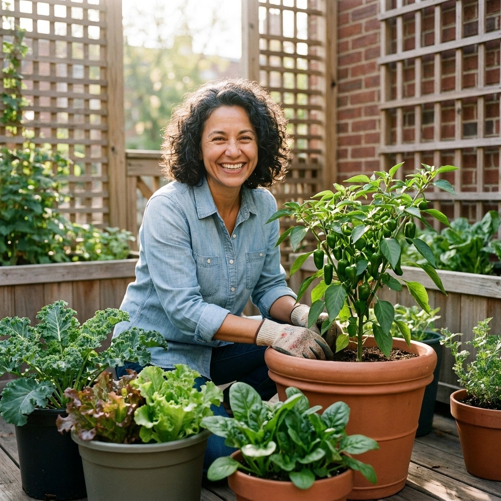 Patio with several containers growing vegetables, including a pepper plant and leafy greens in pots