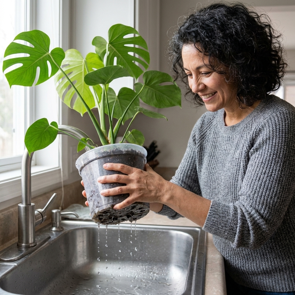 Plastic nursery pot with a leafy houseplant draining in a kitchen sink after watering, with droplets visible under the pot