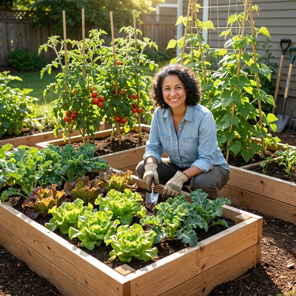Raised garden bed divided into sections with different vegetables growing, including leafy greens, tomatoes, and beans
