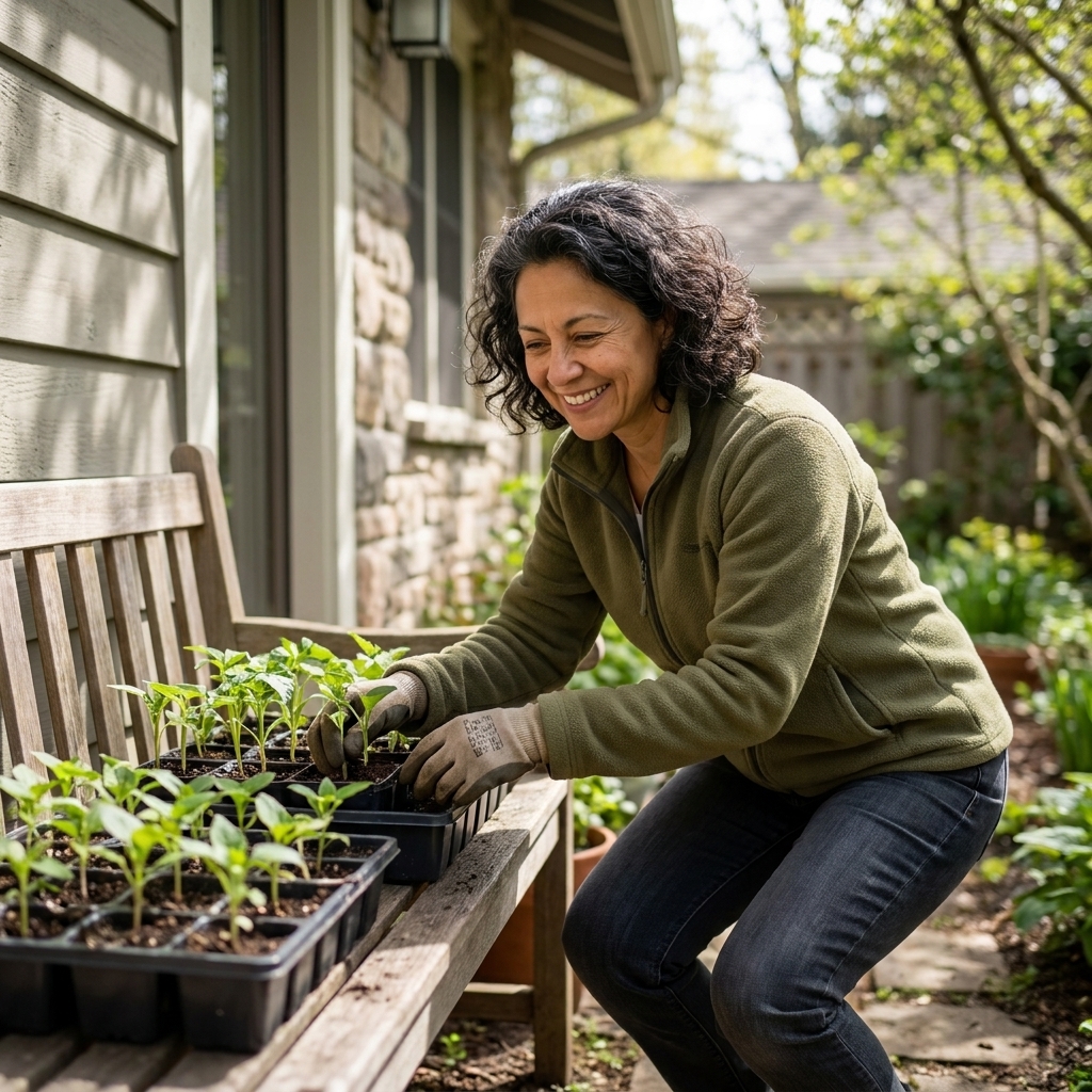 Seedling trays sitting outdoors in dappled shade near a house, sheltered from wind during the hardening off process