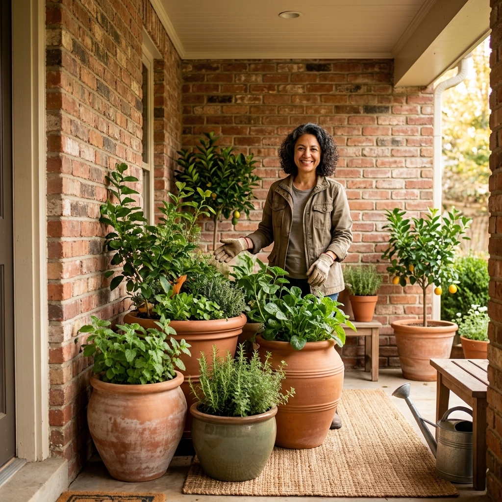 Several large planters clustered tightly against a brick exterior wall on a sheltered porch, showing how containers can be grouped in a warmer microclimate