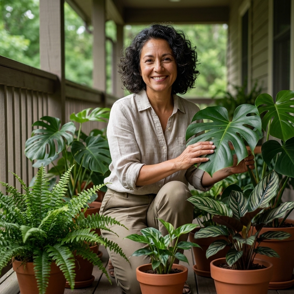 Several potted tropical houseplants grouped together outdoors in deep porch shade with soft reflected light and no direct sun on the leaves