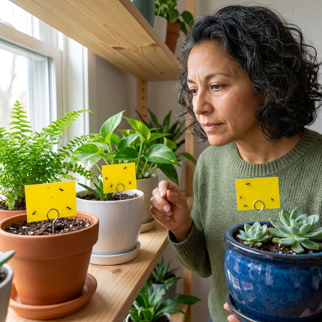 Several small yellow sticky traps placed in different indoor plant pots on a shelf, each trap positioned just above the soil surface