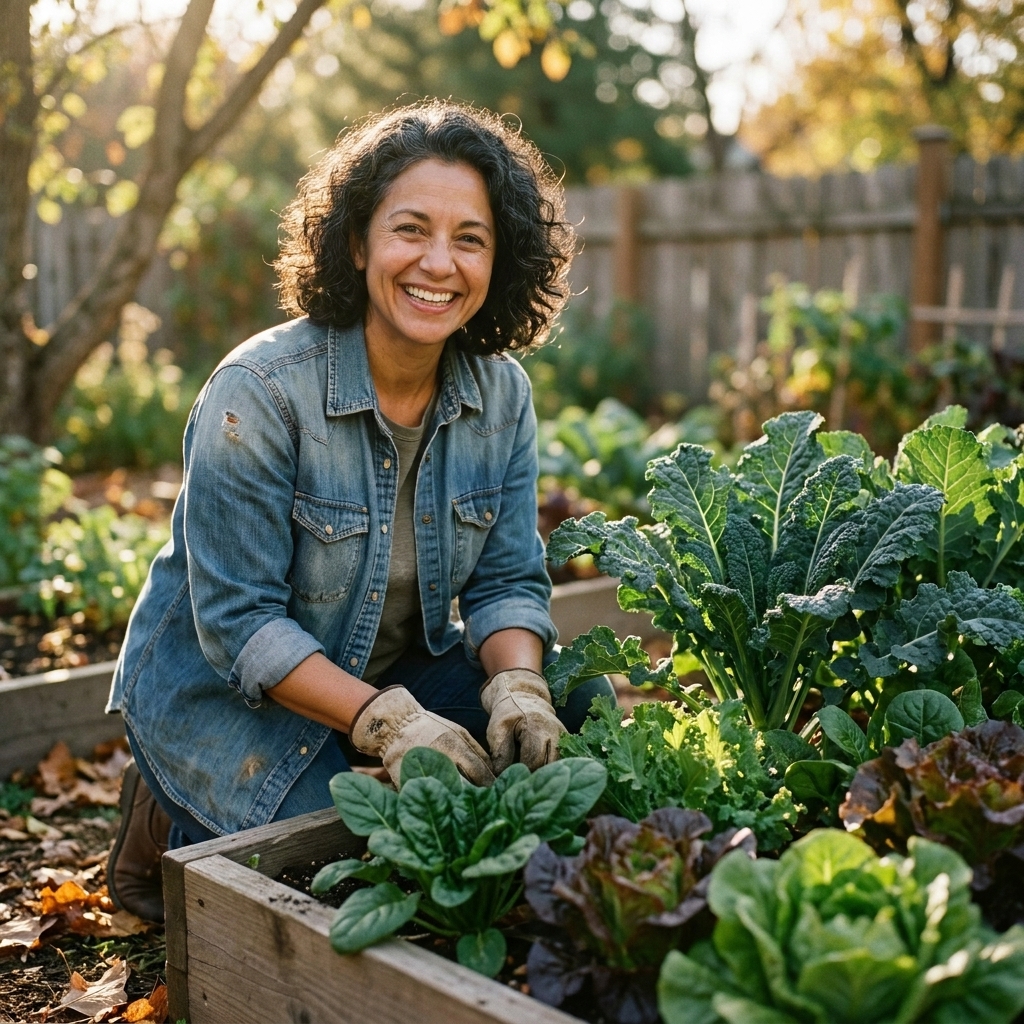 Thriving fall garden bed filled with leafy greens like kale, spinach, and lettuce under soft autumn light