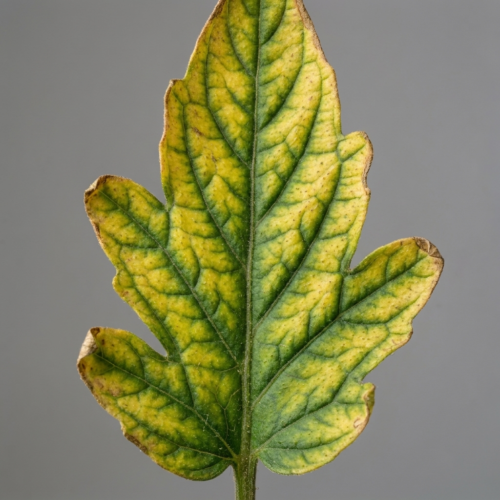 Tomato leaf showing yellowing between green veins on an older leaf