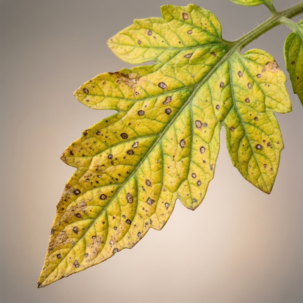 Tomato leaf with yellowing and multiple small dark spots typical of leaf spot disease
